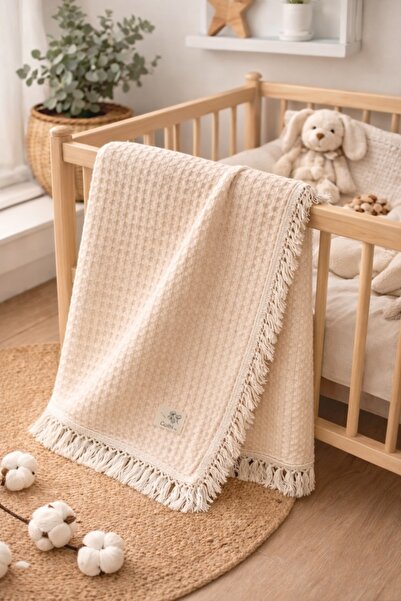 Pure Boutique Βρεφική κουβέρτα 110x100 εκ. από μαλακό βαμβάκι με κρόσσια, κρε...