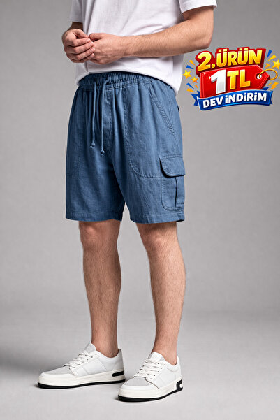 DAMGA JEANS Ανδρικό σορτς από λινό σε σκούρο μπλε χρώμα με ελαστική μέση και ...