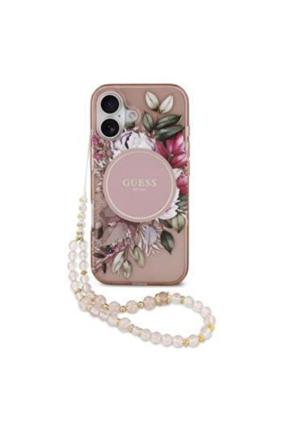 Guess IML Θήκη MagSafe με λουράκι και σχέδιο λουλουδιών για iPhone 17 Ροζ