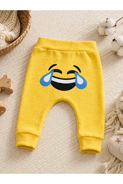 Pure Boutique Pantaloni bebe galbeni bumbac imprimeu emoji ras confortabili