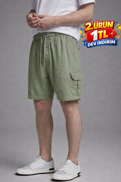 DAMGA JEANS Ανδρικό σορτς από λινό πράσινο ύφασμα με ελαστική μέση και τσέπη ...