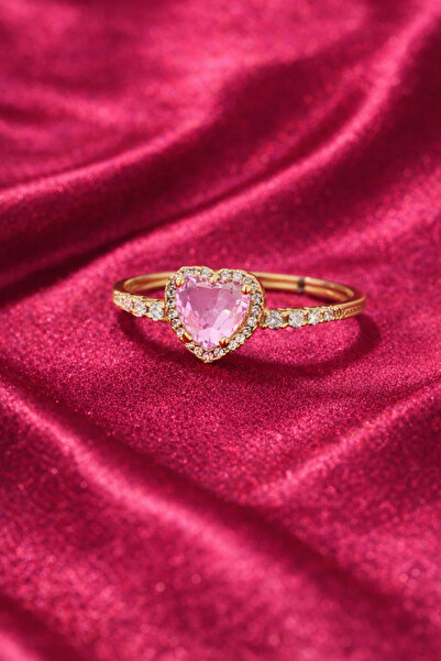 Sylvera Shop Pink Heart Stone Ring - Adjustable (Gold Color)