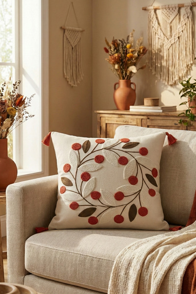 morlina home Dekoratif Papatya Çiçek Desenli Punch Nakışlı Püsküllü Gizli Fer...