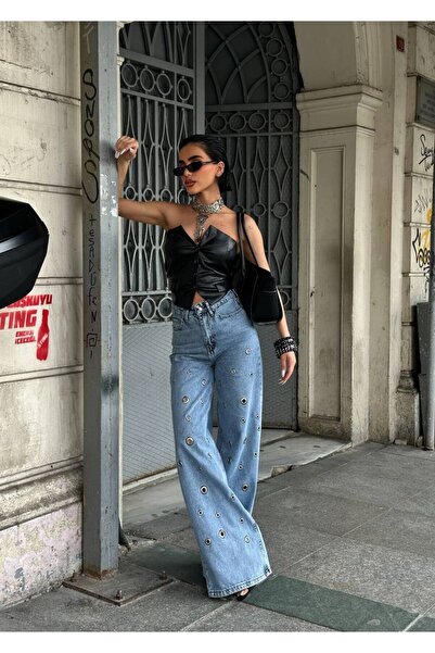 DENİKK Трендови дънкови панталони палацо с висока талия и персонализиран диза...