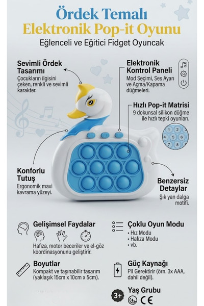 düşler oyuncak dünyası Işıklı Sesli Müzikli Mavi Ördek Karakterli Popit Pilli...