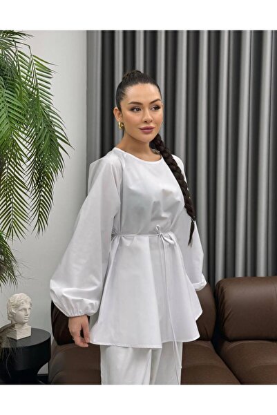 LÜKSERA Poplin Kumaş Beli Bağcıklı Kolu Lastikli uzun Kol Rahat Kesim Tunik