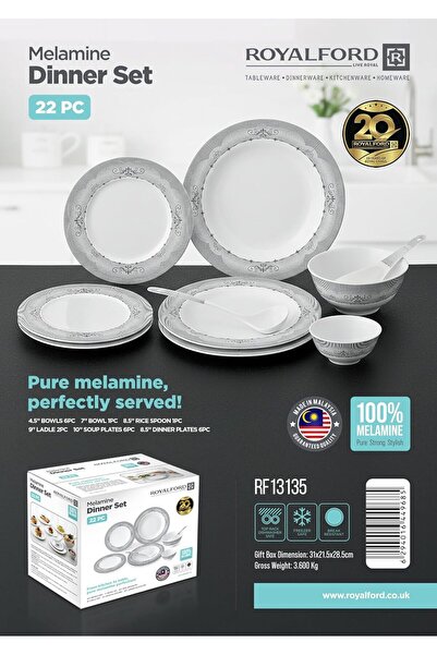 ROYALFORD 22pcs Melamine Dinner Set RF13135 Includes Bowls Dishwasher-Safe an...