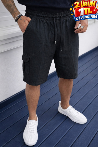 DAMGA JEANS Ανδρικό σορτς από λινό σε μαύρο χρώμα με χαλαρές τσέπες cargo, κα...