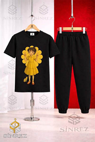 SİNREZ Unisex Kids Hvn Girl Anime Printed T-Shirt and Sweatpants Set