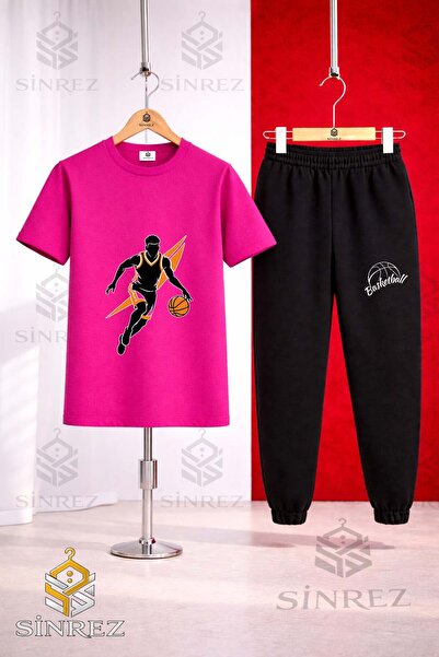 SİNREZ Unisex Kids Basketball Player Orange Syh Printed T-Shirt Tracksuit Set