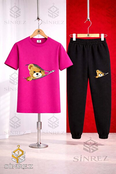 SİNREZ Unisex Kids' Zippered Teddy Bear Printed T-Shirt and Sweatpants Set
