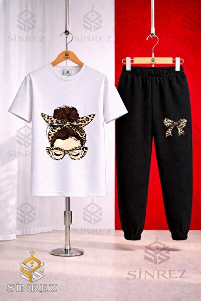 SİNREZ Unisex Kids Girls Leopard and Ribbon Printed T-Shirt and Sweatpants Set