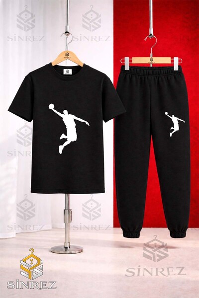 SİNREZ Unisex Kids Basket Man White Printed T-Shirt Tracksuit Set