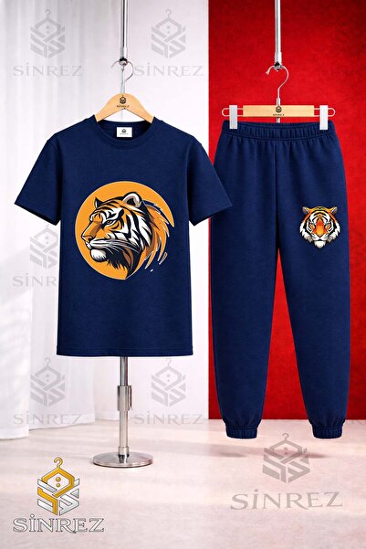 SİNREZ Unisex Kids Tiger Head Circle Printed T-Shirt Tracksuit Set