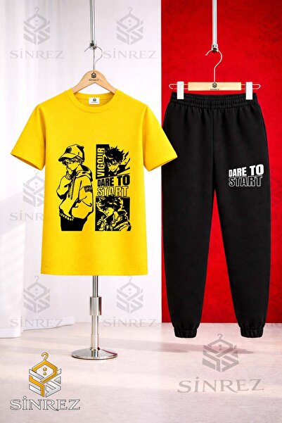 SİNREZ Unisex Kids Dare to Start Black Printed T-Shirt Tracksuit Set