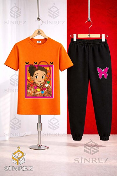 SİNREZ Unisex Kids Crn Girl Heart Printed T-Shirt Tracksuit Set