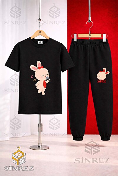 SİNREZ Unisex Kids' Tavsan Microphone Printed T-Shirt and Sweatpants Set