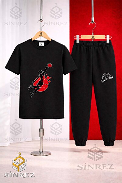SİNREZ Unisex Kids Basketballer Syh Red Printed T-Shirt Tracksuit Set
