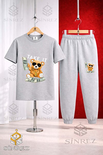 SİNREZ Unisex Kids Ayicik Take It Byz Printed T-Shirt Tracksuit Set