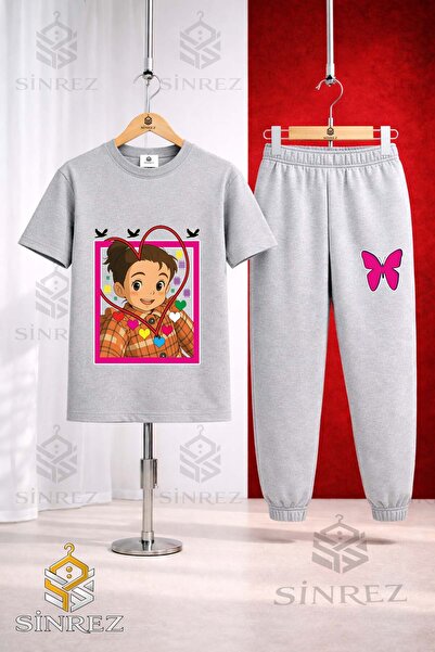 SİNREZ Unisex Kids Crn Girl Heart Printed T-Shirt Tracksuit Set