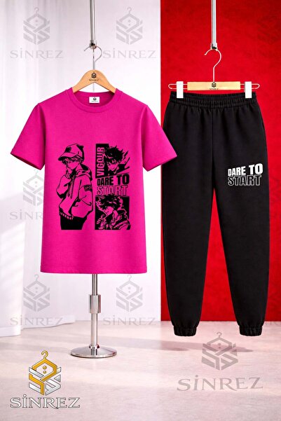 SİNREZ Unisex Kids Dare to Start Black Printed T-Shirt Tracksuit Set