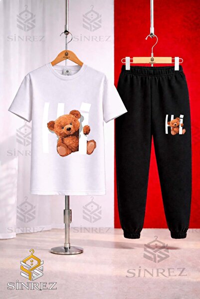 SİNREZ Set de trening unisex pentru copii, cu tricou imprimat HI BEAR IN THE ...