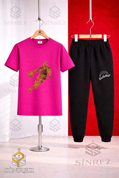 SİNREZ Unisex Kids Basketball Player Flame Printed T-Shirt Tracksuit Set