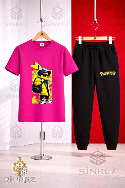 SİNREZ Unisex Kids Pikhc Cantali Yellow Tvl Printed T-Shirt Tracksuit Set