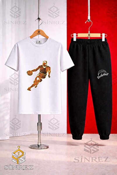 SİNREZ Unisex Kids Basketball Player Flame Printed T-Shirt Tracksuit Set