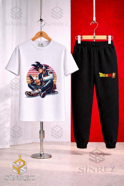 SİNREZ Unisex Kids Goku Phone Headset Sitting Printed T-Shirt Tracksuit Set