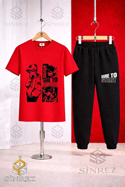 SİNREZ Unisex Kids Dare to Start Black Printed T-Shirt Tracksuit Set