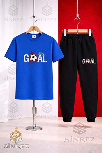 SİNREZ Unisex Kids Goal Stained Text Top Printed T-Shirt Tracksuit Set
