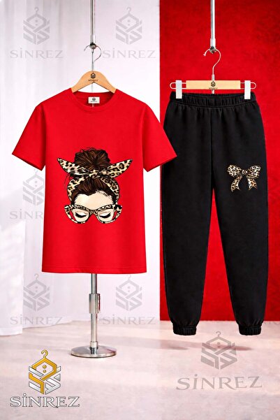 SİNREZ Unisex Kids Girls Leopard and Ribbon Printed T-Shirt and Sweatpants Set