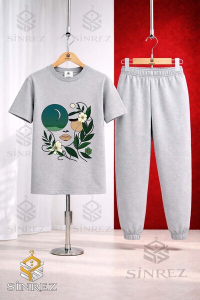 SİNREZ Unisex Kids Cicekten Green Girl Face Printed T-Shirt and Sweatpants Set
