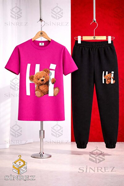 SİNREZ Set de trening unisex pentru copii, cu tricou imprimat HI BEAR IN THE ...