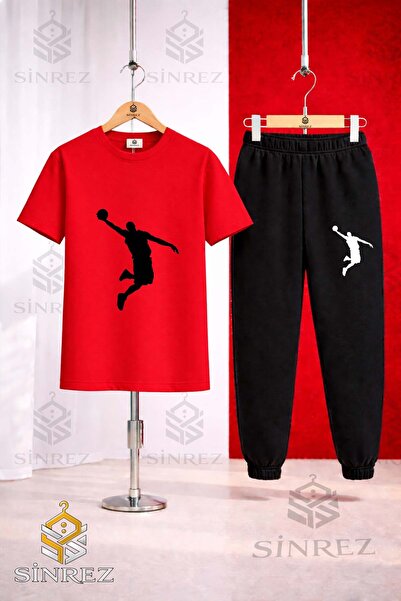 SİNREZ Unisex Kids Basket Man Black Printed T-Shirt Tracksuit Set
