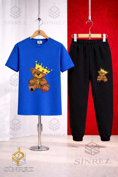SİNREZ Unisex Kids' T-Shirt with Bear Patch and Crown Printed T-Shirt and Swe...