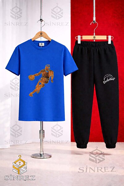 SİNREZ Unisex Kids Basketball Player Flame Printed T-Shirt Tracksuit Set