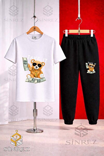 SİNREZ Unisex Kids Ayicik Take It Byz Printed T-Shirt Tracksuit Set
