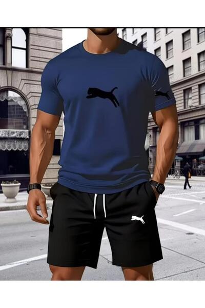 DİVİN Men's Printed Oversize Top-Bottom Set Black Bartik Shorts T-Shirt