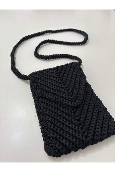 örgü Nighttime Elegance Hand Knitted Black Phone Bag