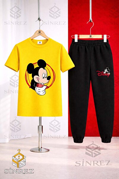 SİNREZ Unısex Çocuk MICKEY DAIRE KRMZ Baskılı Tişort Eşofman Takımı
