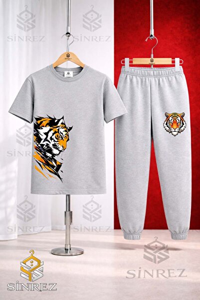 SİNREZ Set de trening unisex pentru copii, cu tricou imprimat TIGER SAG LOOKI...