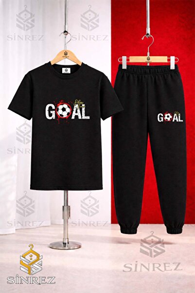 SİNREZ Unisex Kids Goal Stained Text Top Printed T-Shirt Tracksuit Set