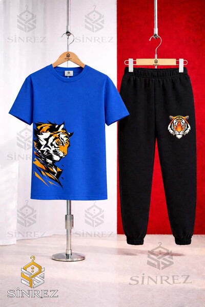SİNREZ Set de trening unisex pentru copii, cu tricou imprimat TIGER SAG LOOKI...