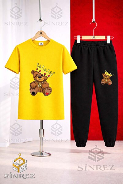 SİNREZ Set de trening unisex pentru copii, cu tricou imprimat cu ursuleț și c...