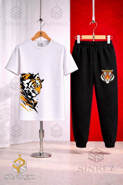 SİNREZ Unisex Kids Tiger Sag Looking up Head Printed T-Shirt Tracksuit Set