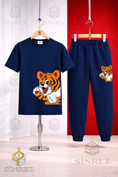 SİNREZ Unisex Kids' Yandan Cute Tiger Printed T-Shirt and Sweatpants Set