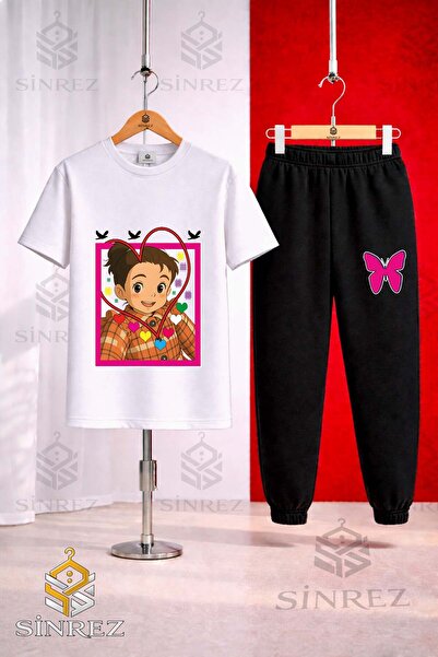 SİNREZ Unisex Kids Crn Girl Heart Printed T-Shirt Tracksuit Set