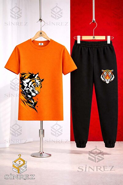 SİNREZ Unisex Kids Tiger Sag Looking up Head Printed T-Shirt Tracksuit Set